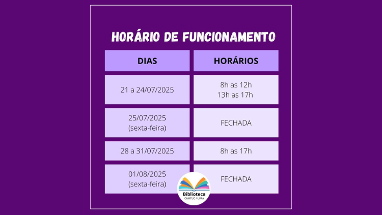Horário de funcionamento da Biblioteca do Camtuc